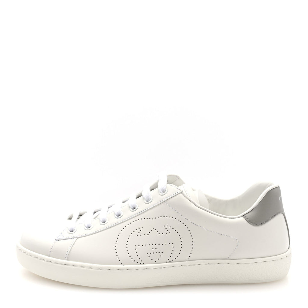 Calfskin Interlocking G Perforated Mens Ace Sneakers 8 White Grey Sky