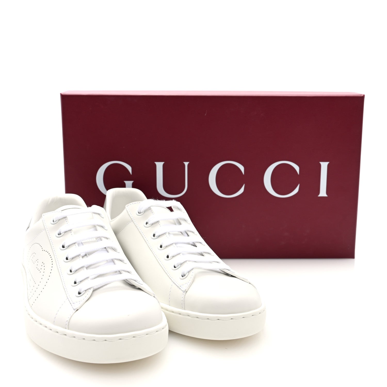Calfskin Interlocking G Perforated Mens Ace Sneakers 8 White Grey Sky
