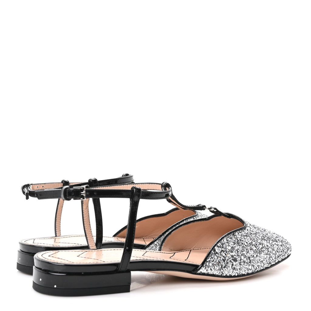 Calfskin Glitter Double G Slingback Flats 37 Silver Black