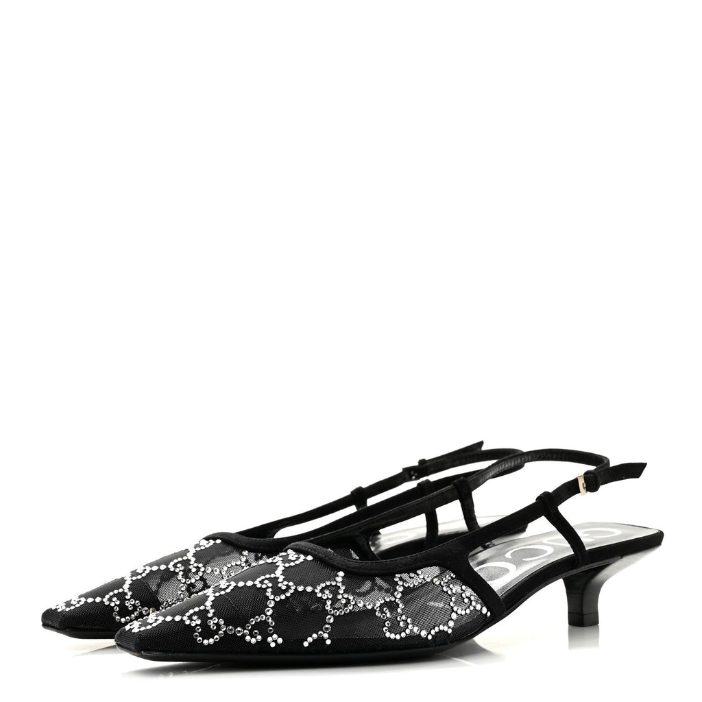 Suede Mesh Crystal GG Monogram Slingback Pumps 36.5 Black