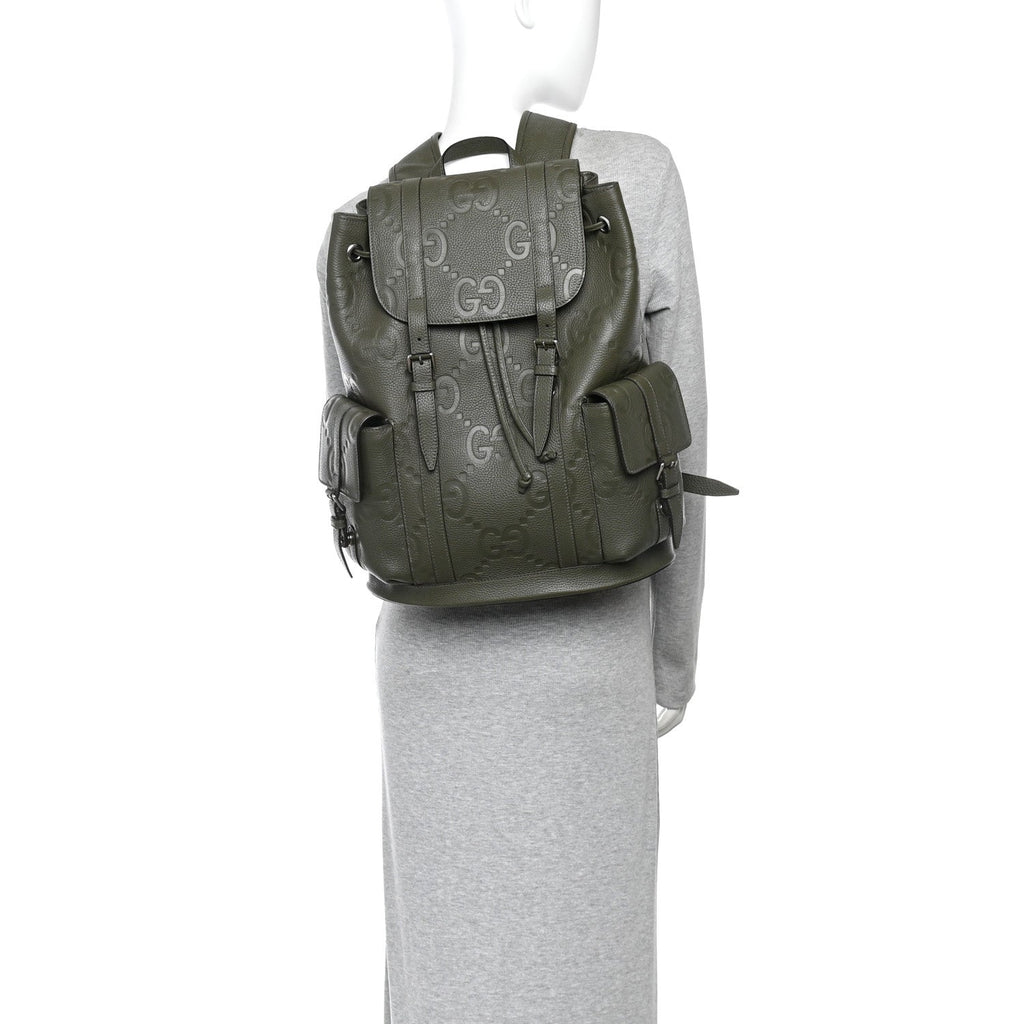 Piuma Calfskin Jumbo GG Embossed Double Buckle Backpack Dark Vintage Olive