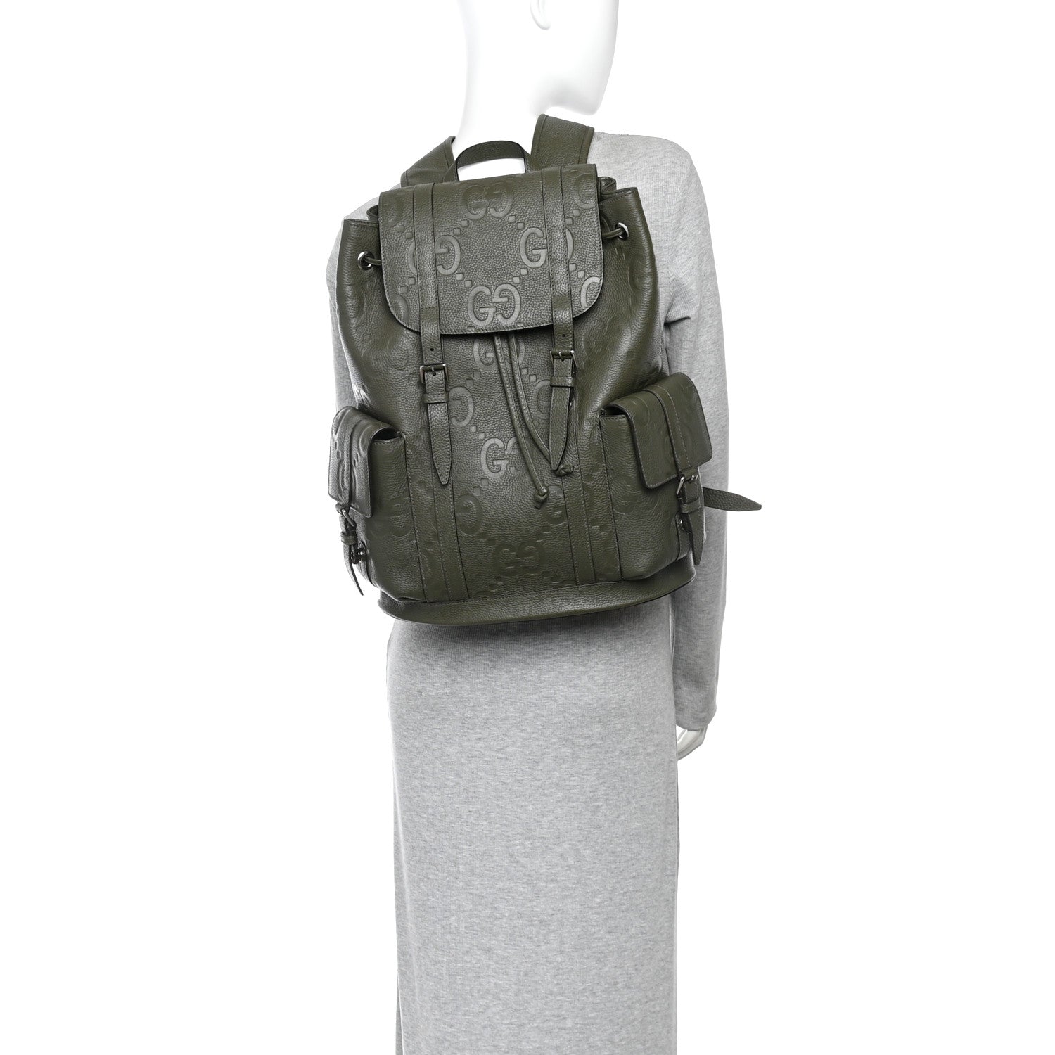 Piuma Calfskin Jumbo GG Embossed Double Buckle Backpack Dark Vintage Olive