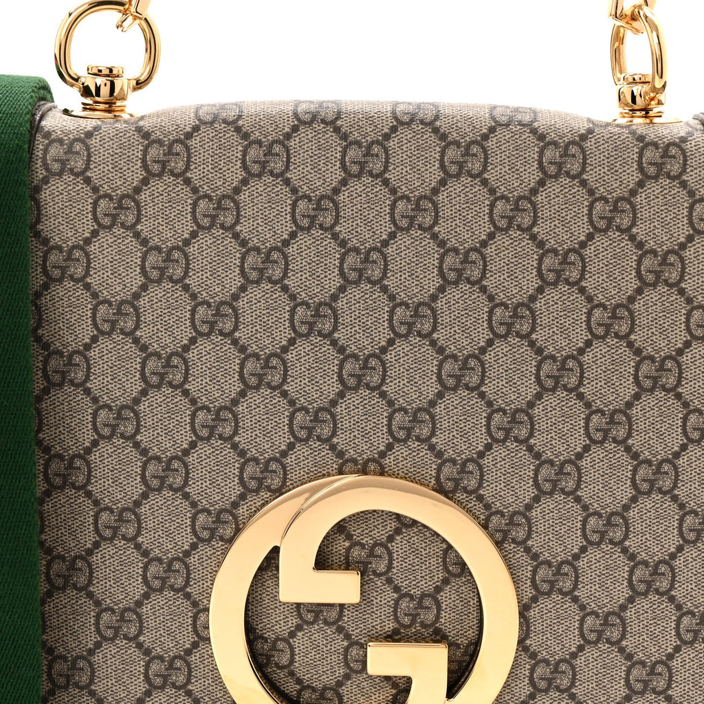 GG Supreme Monogram Textured Dollar Calfskin Web Medium Blondie Top Handle Shoulder Flap Bag Beige Ebony New Acero