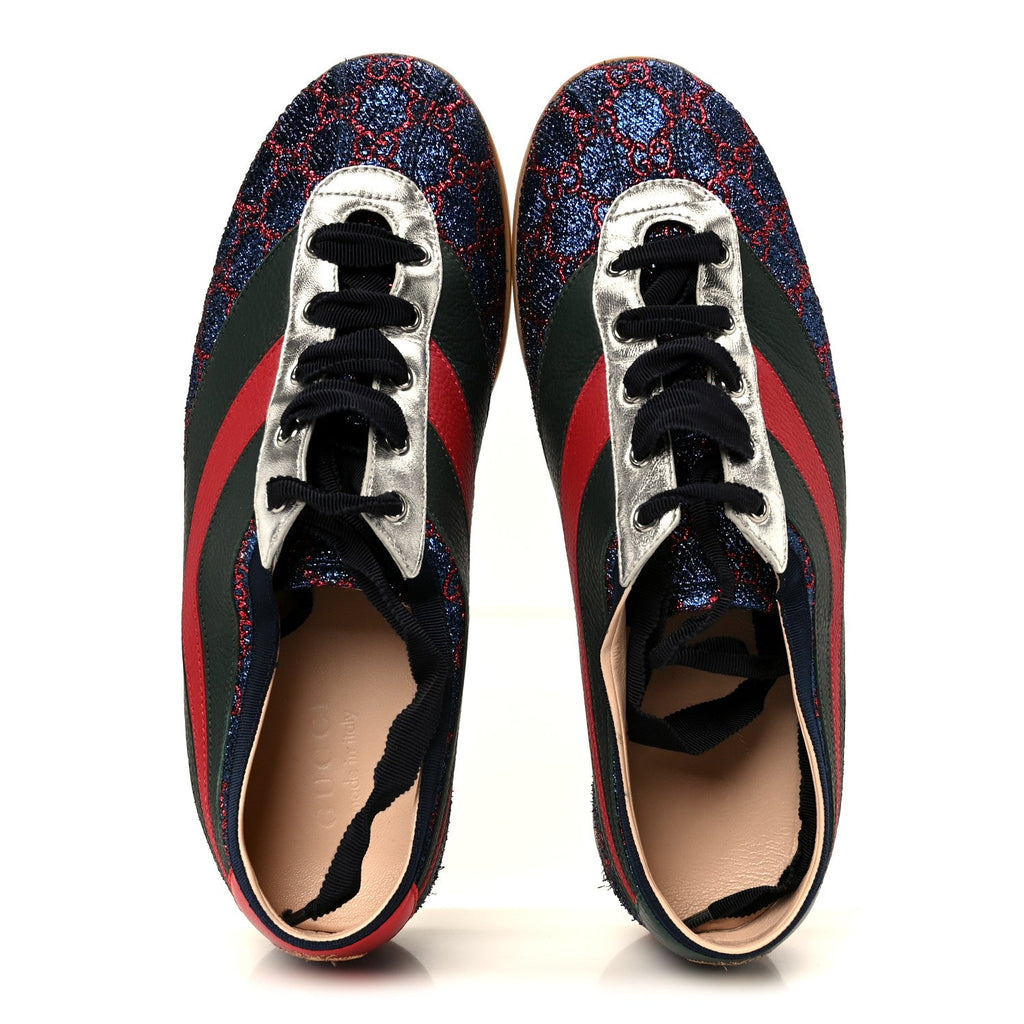 Lurex Calfskin Web GG Monogram Mens Falacer Sneakers 9 Iridescent Blue Iridescent Red Silver