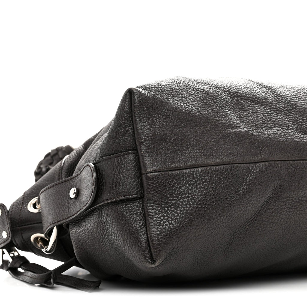 Pebbled Calfskin Large Bamboo Bar Tassel Shoulder Bag Dark Brown