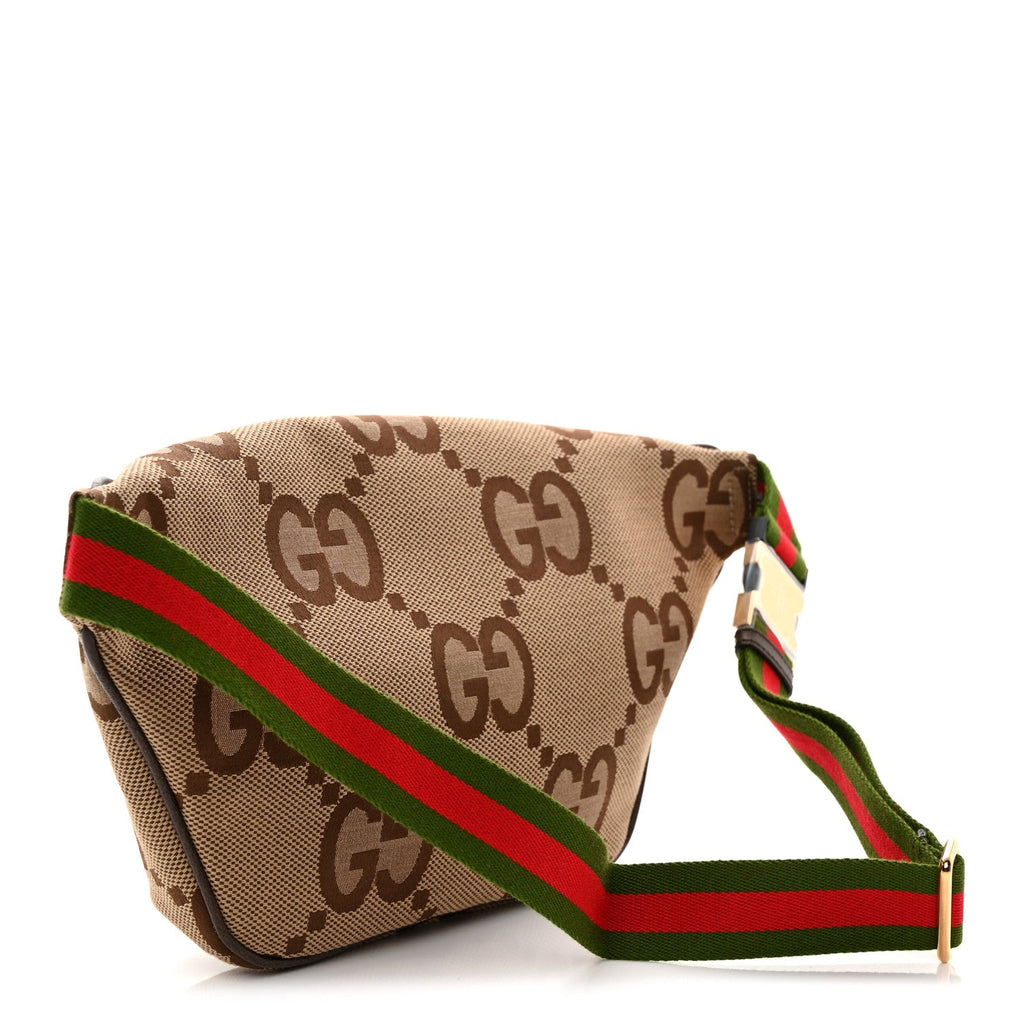 Monogram Jumbo GG Textured Dollar Calfskin Web Belt Bag Camel Ebony New Acero