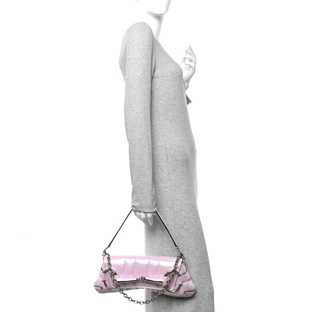 Iridescent Nappa Vertical Matelasse Medium Maxi Horsebit Chain Shoulder Bag Escape Pink