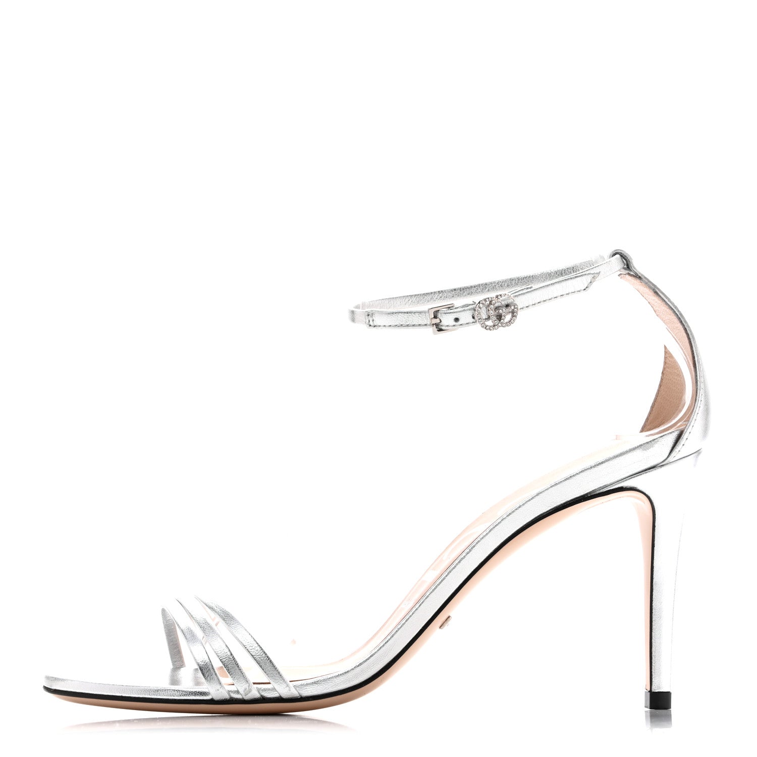 Nappa Silk Crystal GG Ankle Strap High Heel Sandals 38.5 Argento