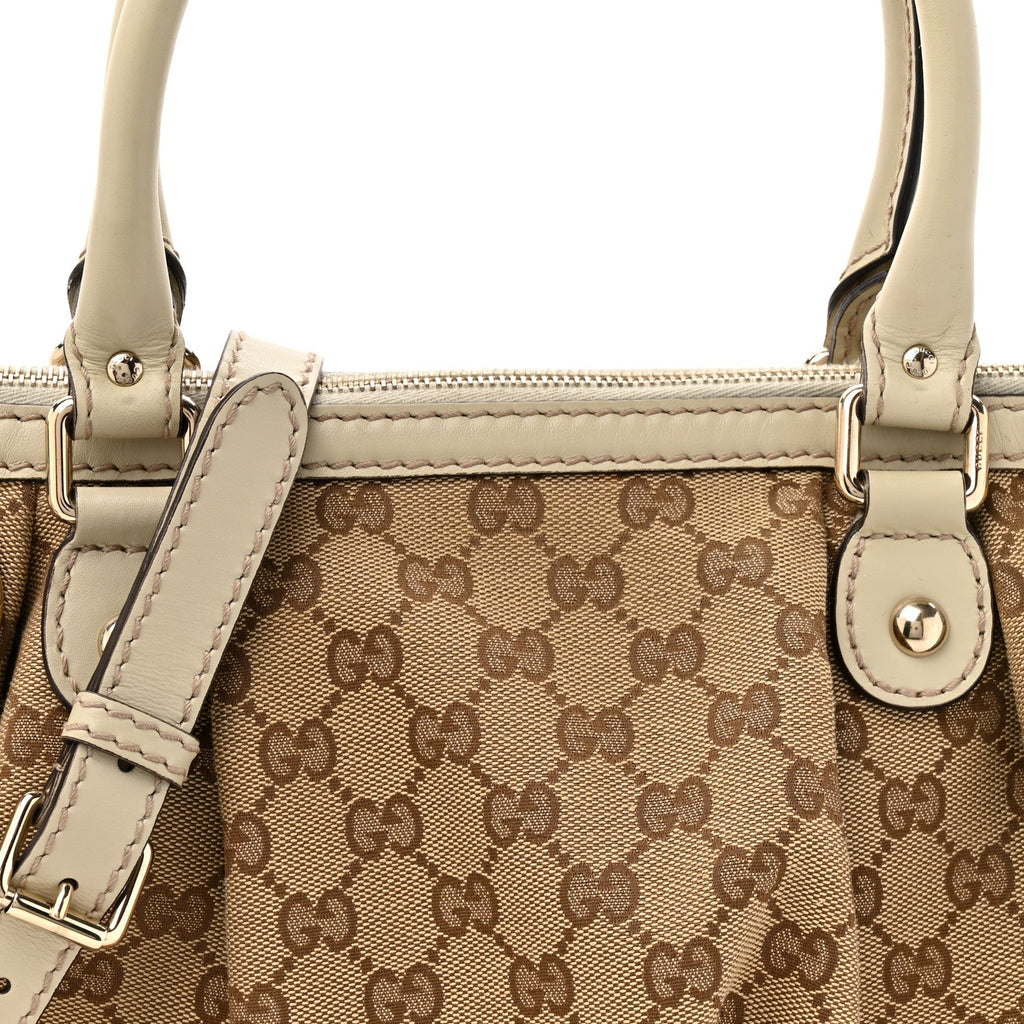 Monogram Margaux Calfskin Medium Sukey Top Handle Bag Beige Ebony Mystic White