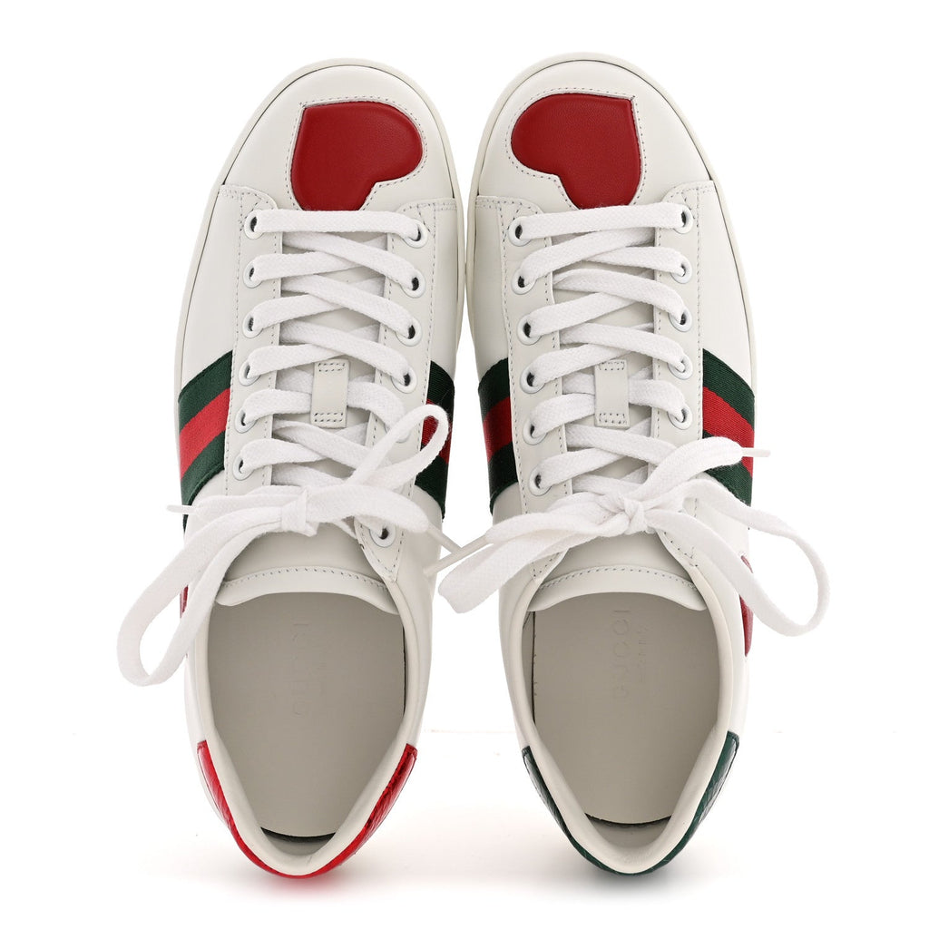 Calfskin Web Heart Embroidered Womens Ace Sneakers 36 White