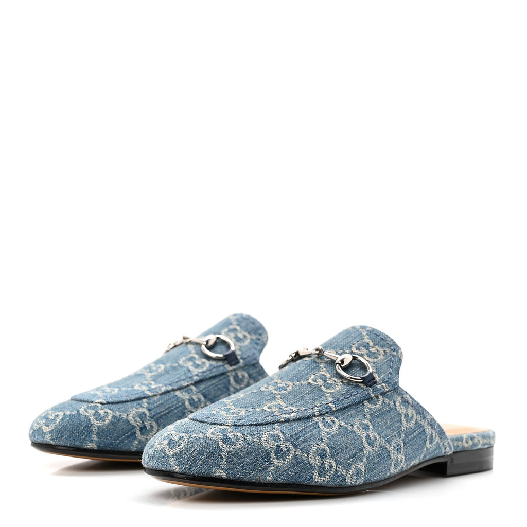 New Denim GG Malaga Kid Womens Princetown Slippers 36.5 Light Blue Royale