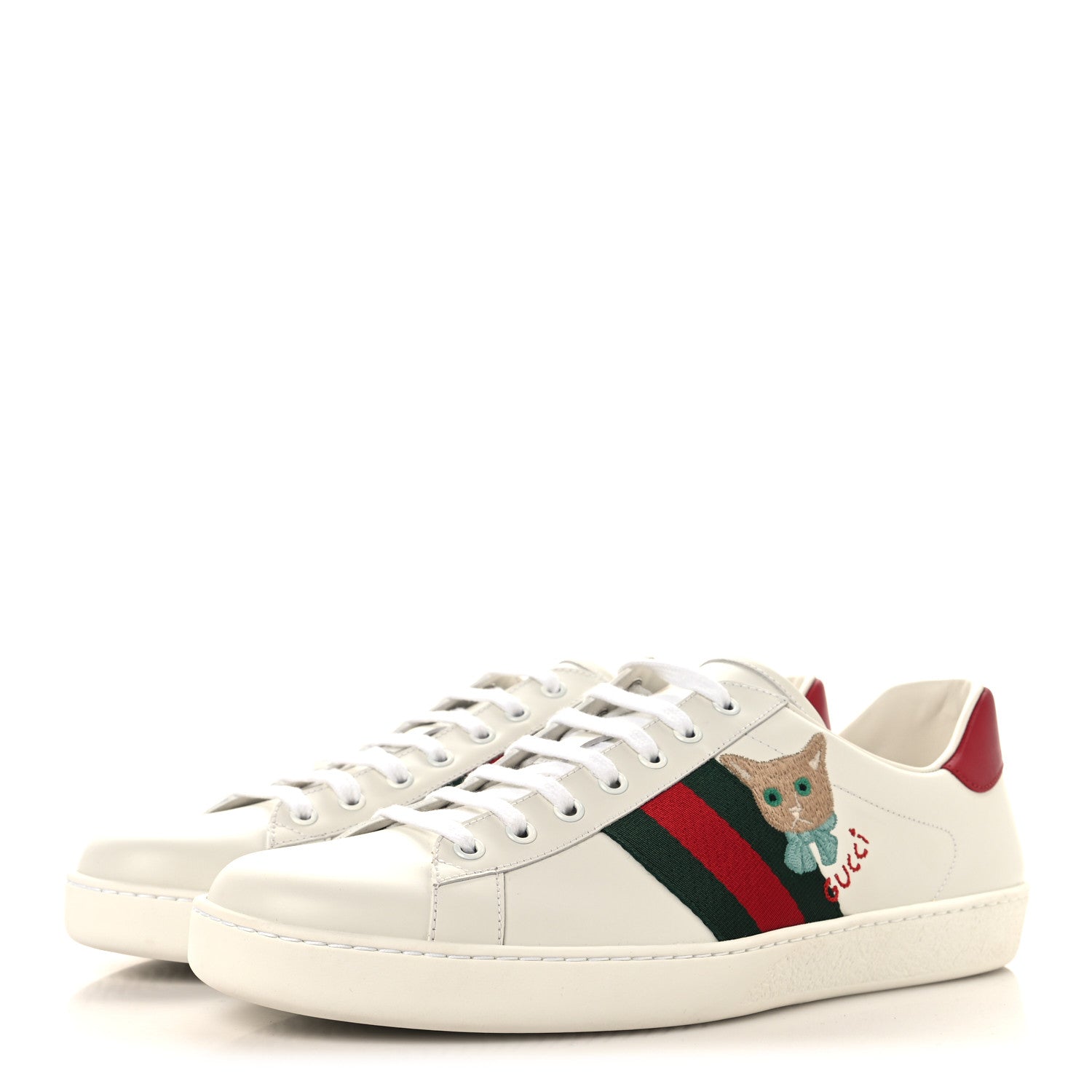 Calfskin Cat Embroidered Mens Ace Sneakers 12 White Green