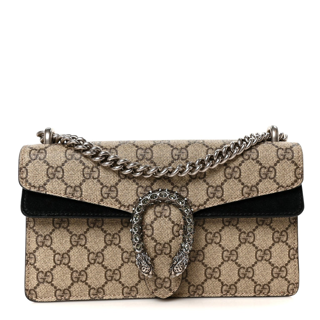 GG Supreme Monogram Suede Crystal Small Dionysus Shoulder Bag Beige Ebony Black