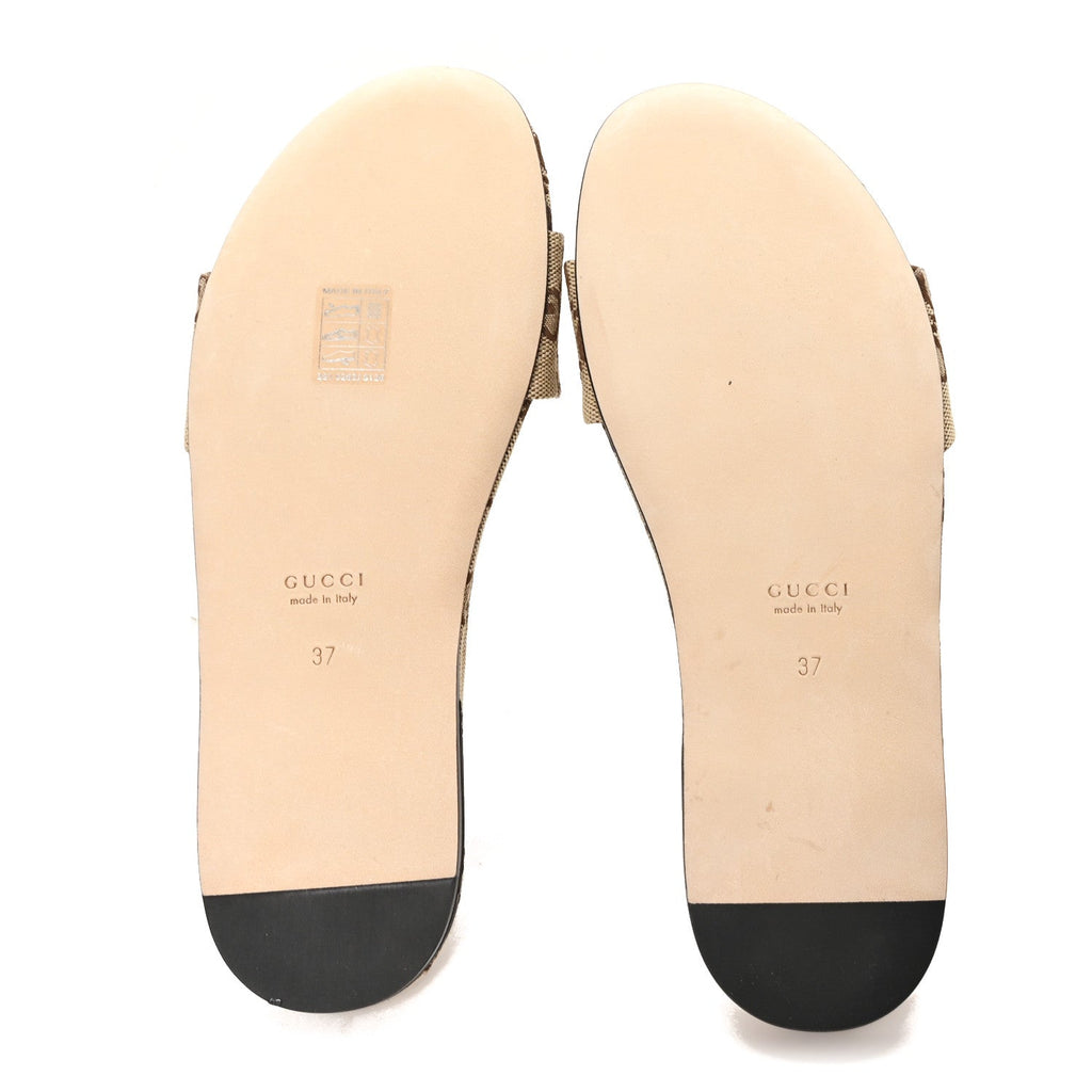 Monogram Horsebit Slide Sandals 37 Camel Ebony