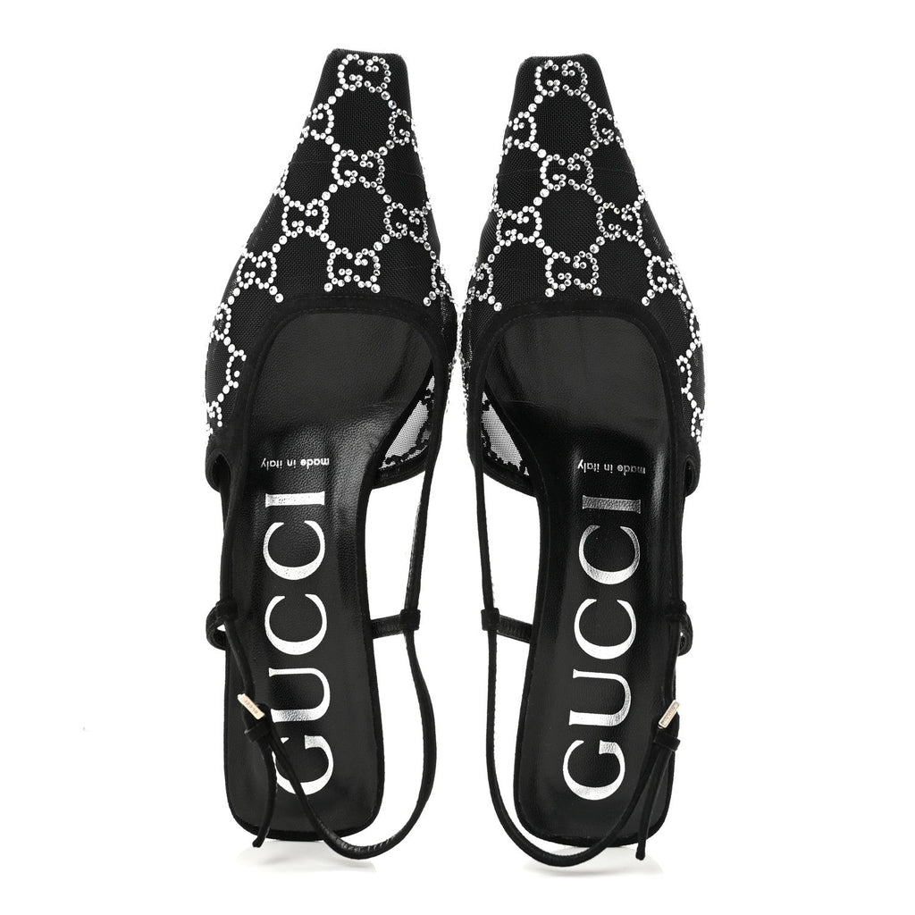 Suede Mesh Crystal GG Monogram Slingback Pumps 36.5 Black
