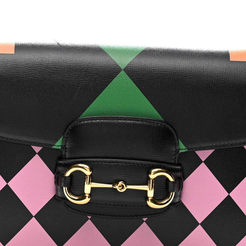 Textured Calfskin Geometric Print Horsebit 1955 Shoulder Bag Black Multicolor