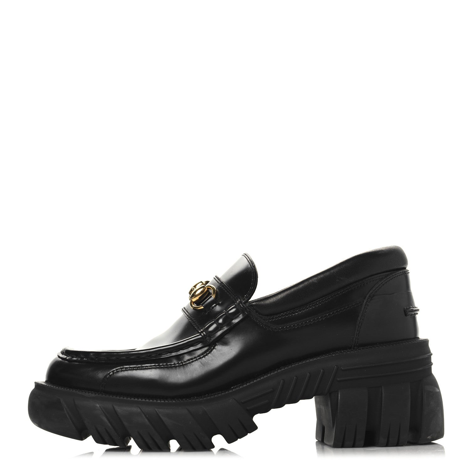 Magnum Calfskin Nappa Samoa Womens Horsebit Platform Chunky Lug Sole 40mm Loafers 38.5  Black