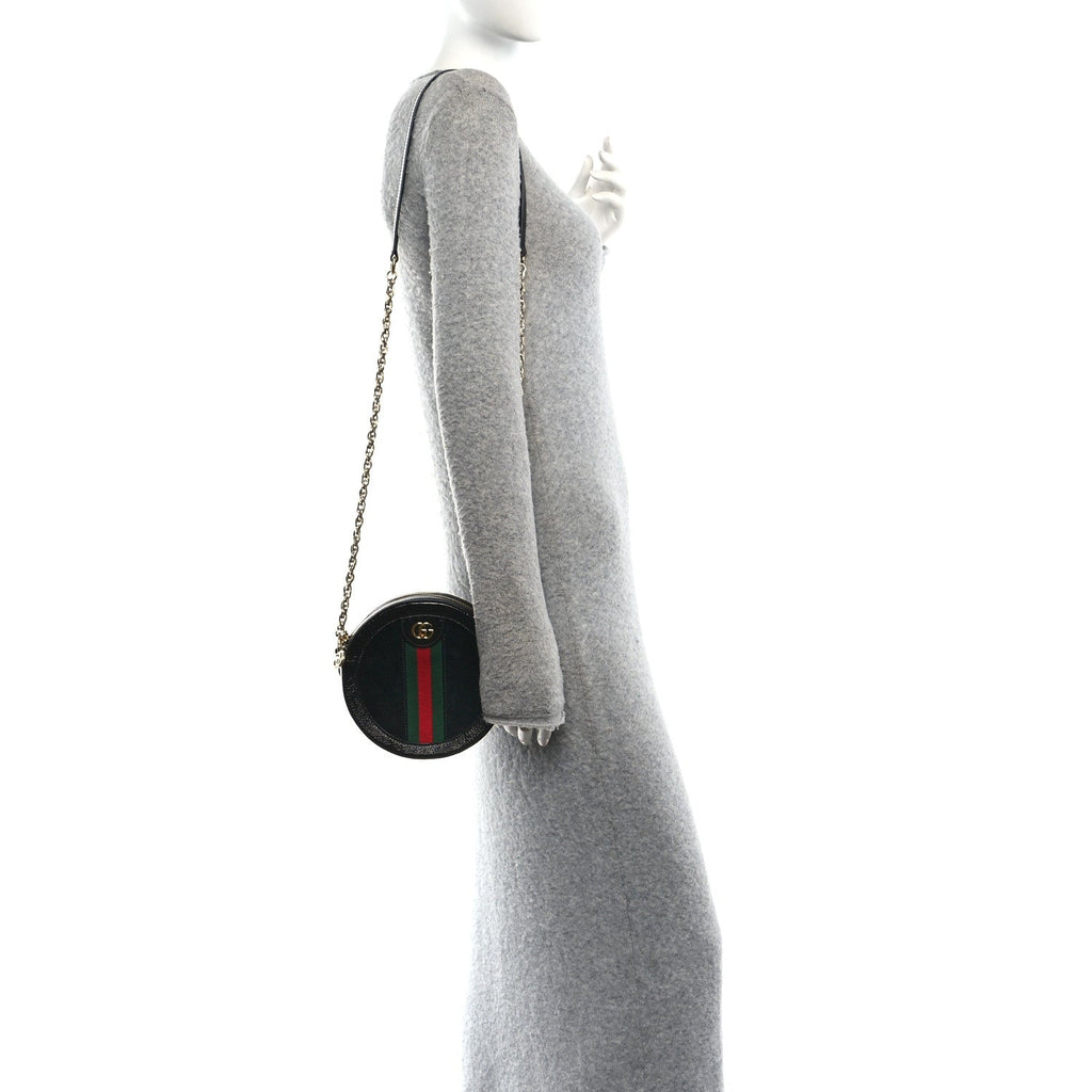 Suede Patent Web Mini Ophidia Round Shoulder Bag Black