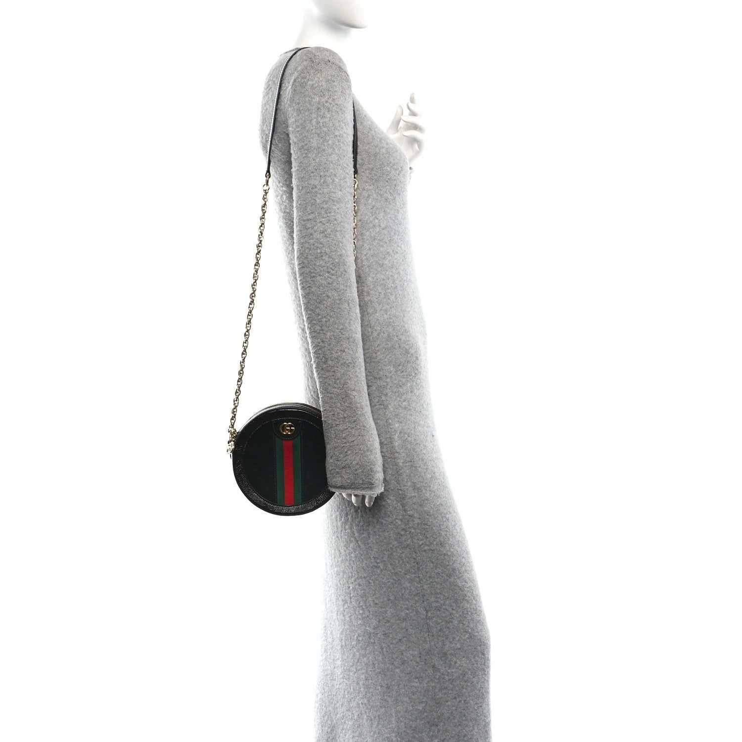 Suede Patent Web Mini Ophidia Round Shoulder Bag Black