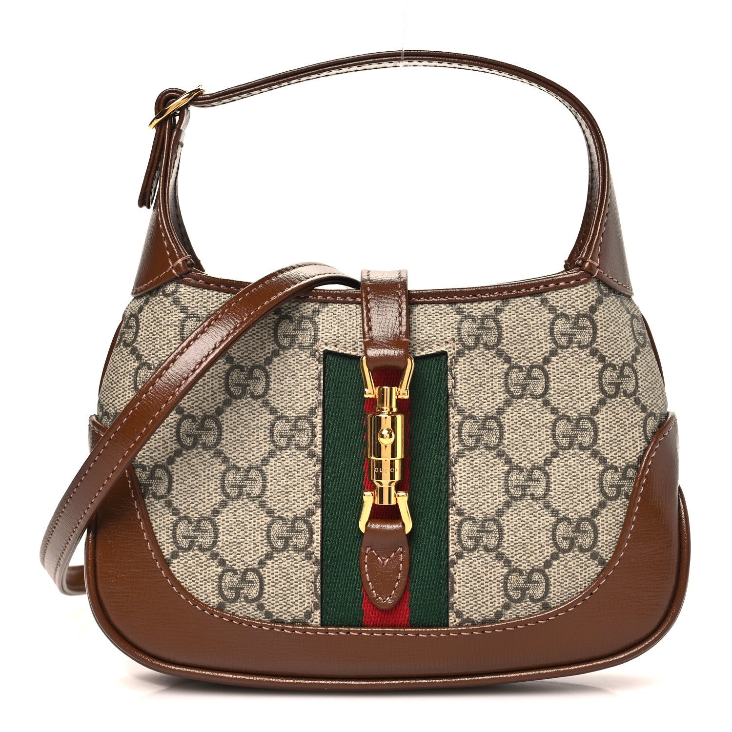 GG Supreme Monogram Azalea Calfskin Web Mini Jackie 1961 Hobo Beige Ebony Brown Sugar