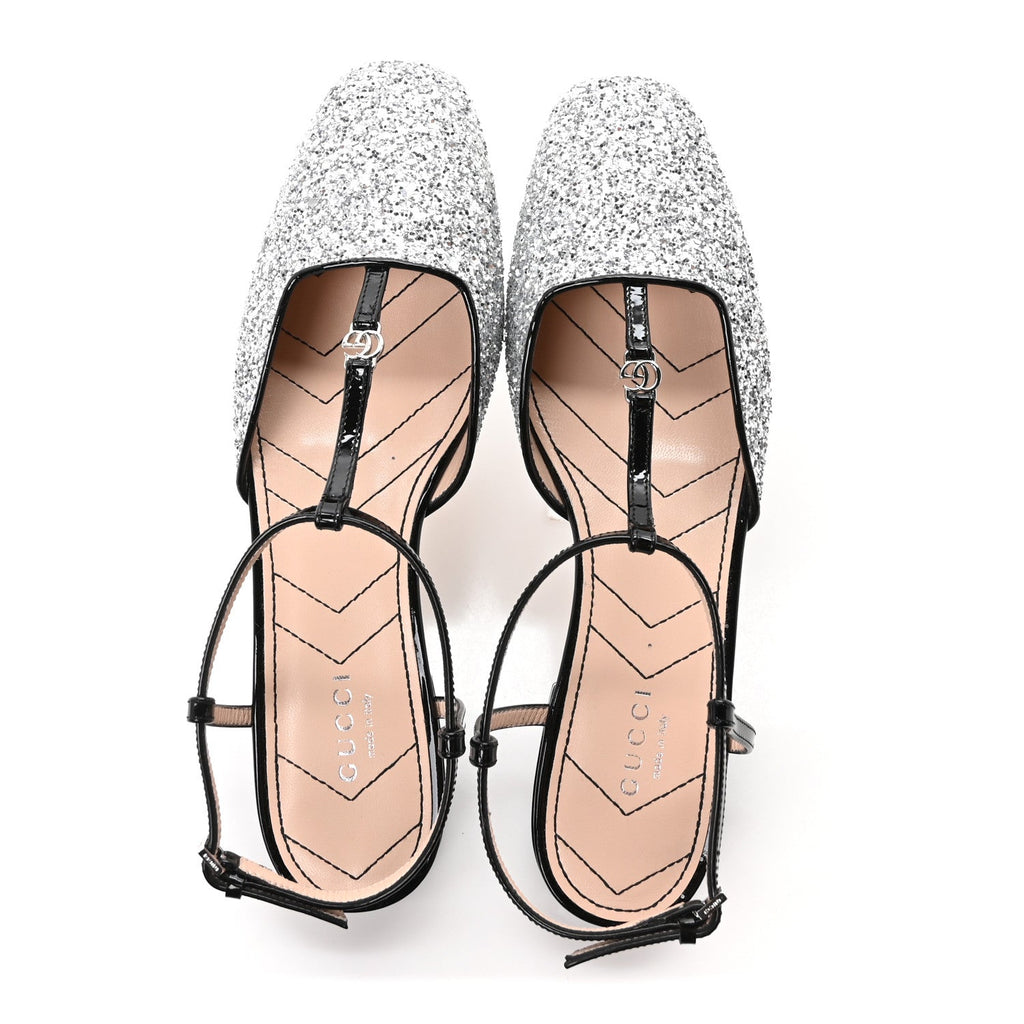 Calfskin Glitter Double G Slingback Flats 37 Silver Black