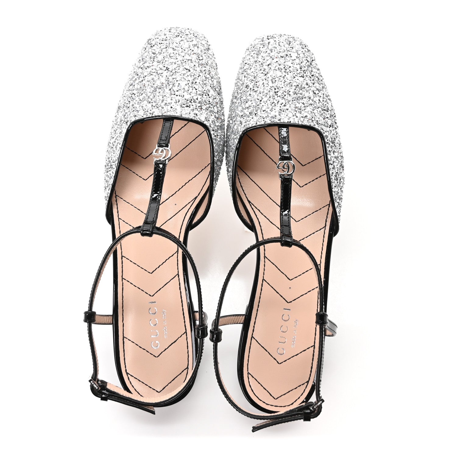 Calfskin Glitter Double G Slingback Flats 37 Silver Black
