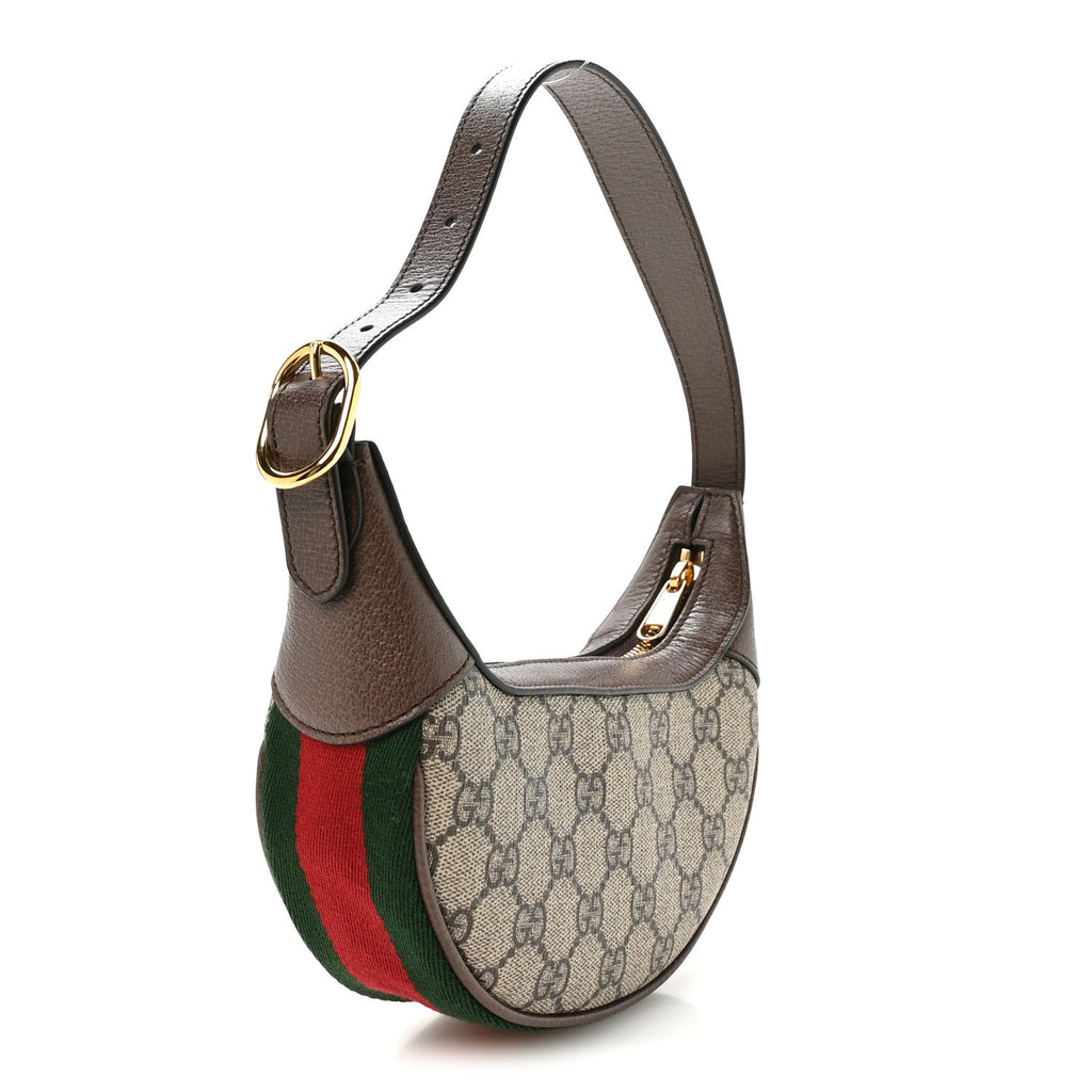 GG Supreme Monogram Textured Calfskin Web Mini Ophidia Half Moon Hobo Beige Ebony New Acero