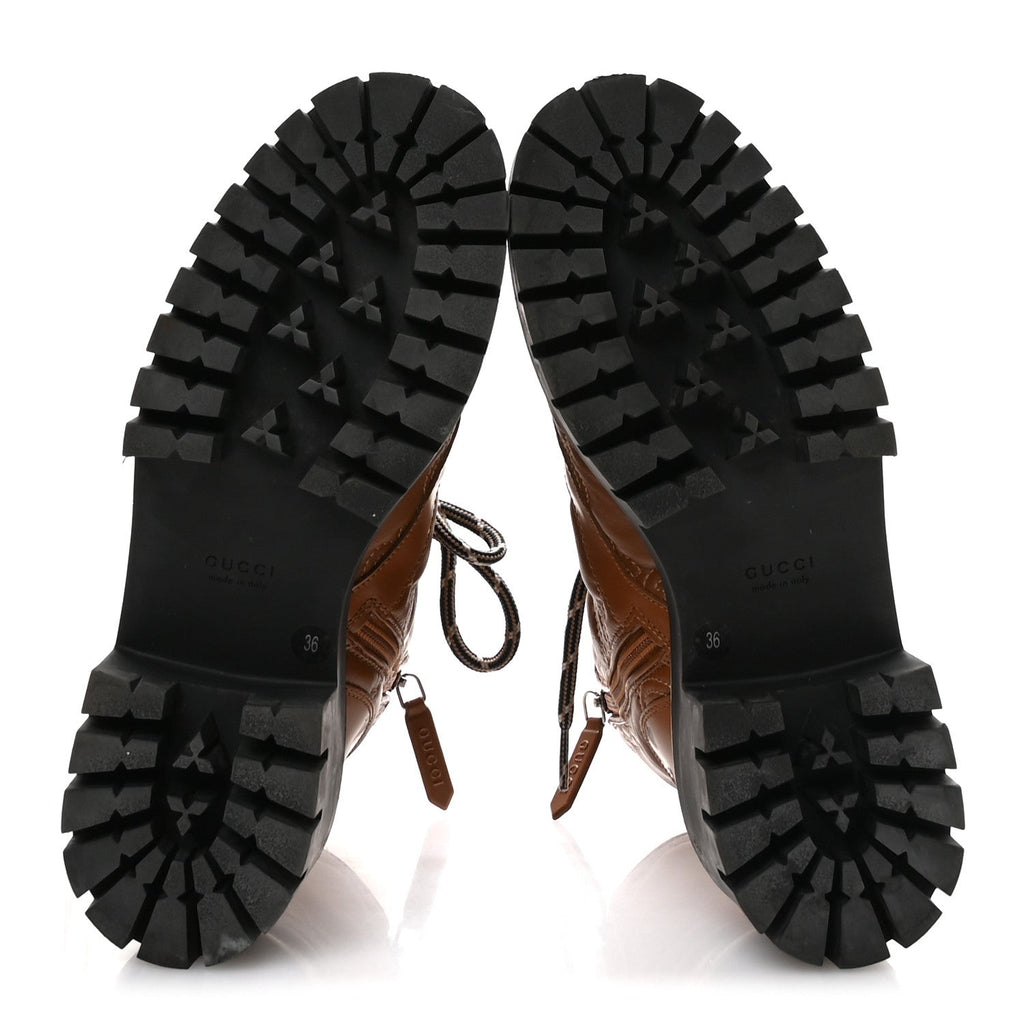 Cordovan Lux Nappa GG Matelasse Lace Up 60mm Combat Boots 36 Dark Hazel Brown