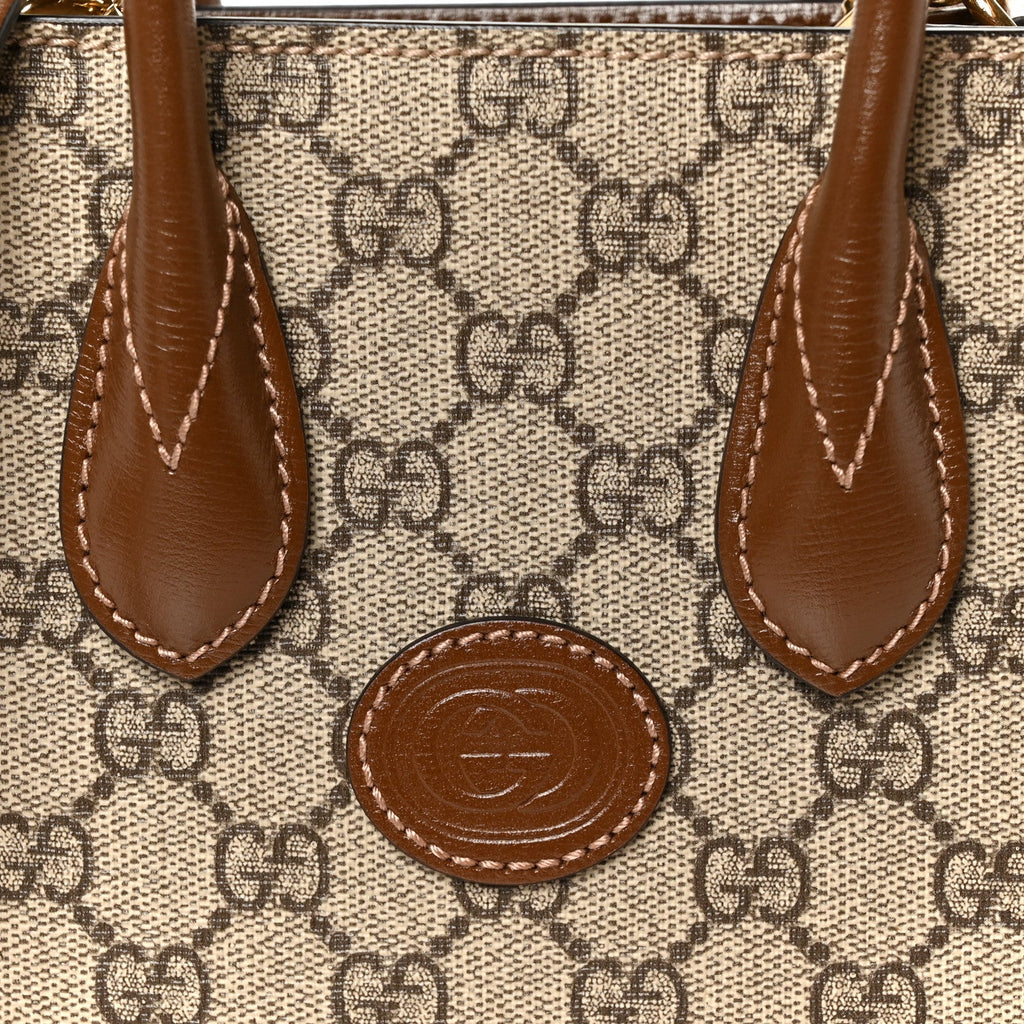 GG Supreme Monogram Azalea Calfskin Mini Retro Interlocking G Tote Bag Beige Ebony Brown Sugar