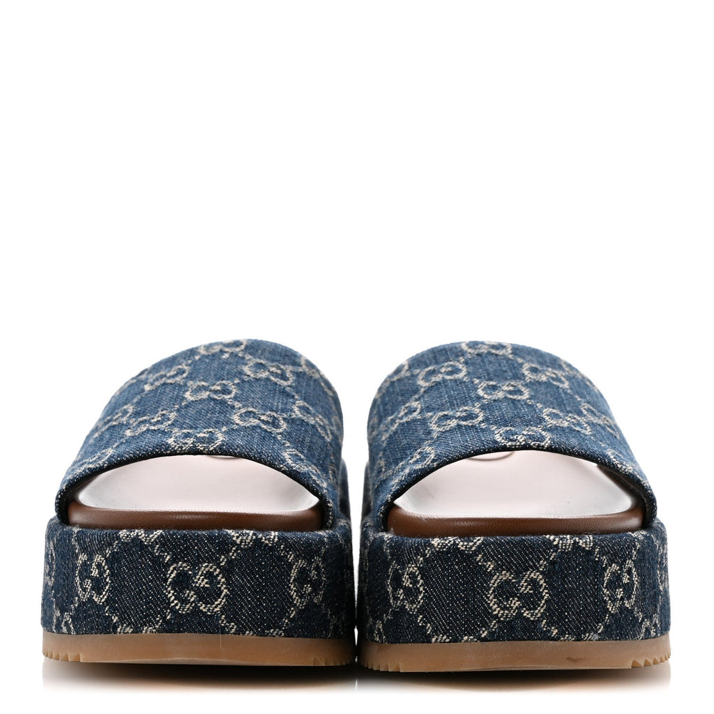 New Denim GG Monogram Angelina Platform 55mm Slide Sandals 36 Blue Tea