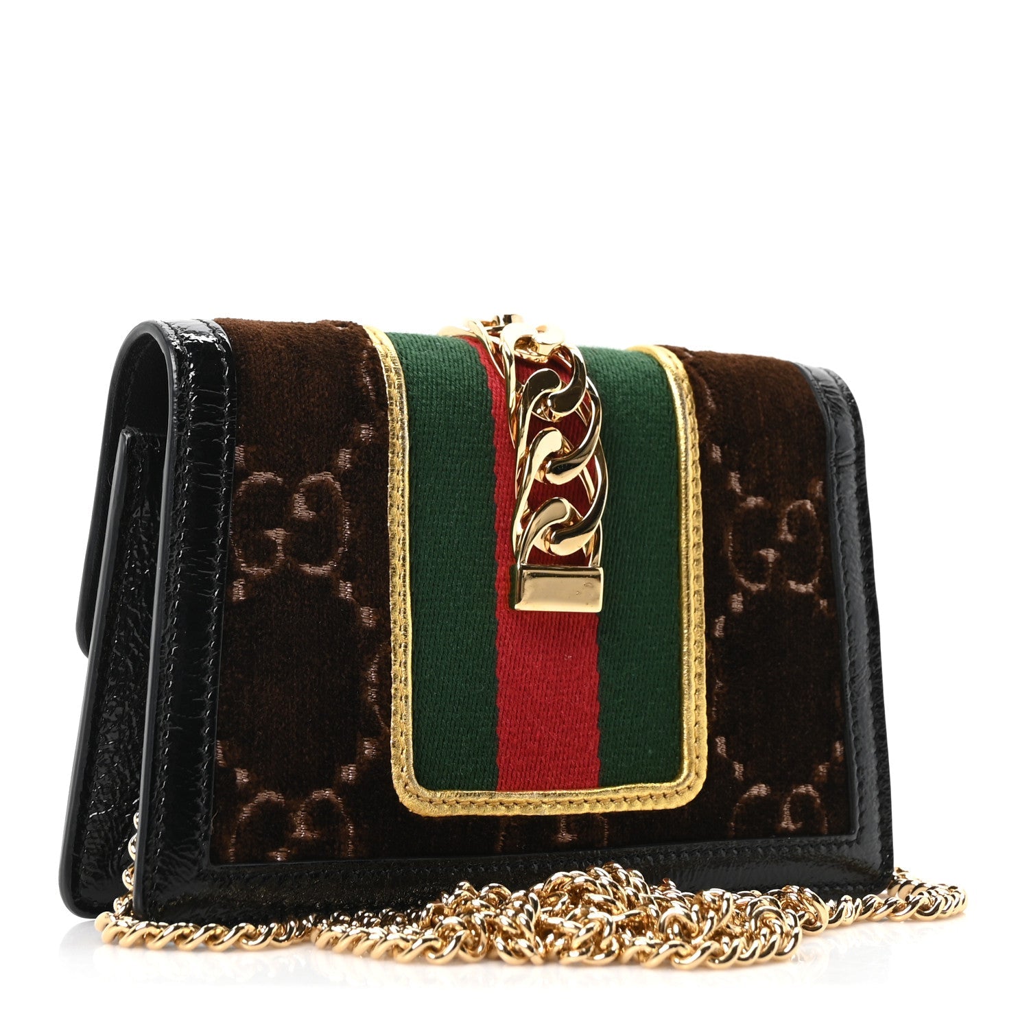 Velvet GG Monogram Web Super Mini Sylvie Chain Shoulder Bag Brown Black Oro Vecchio