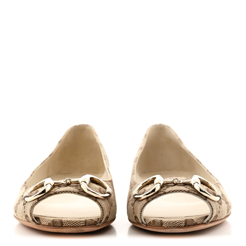 Monogram Miro Soft Calfskin Womens Horsebit Peep Toe Flats 6 Beige Ebony Mystic White