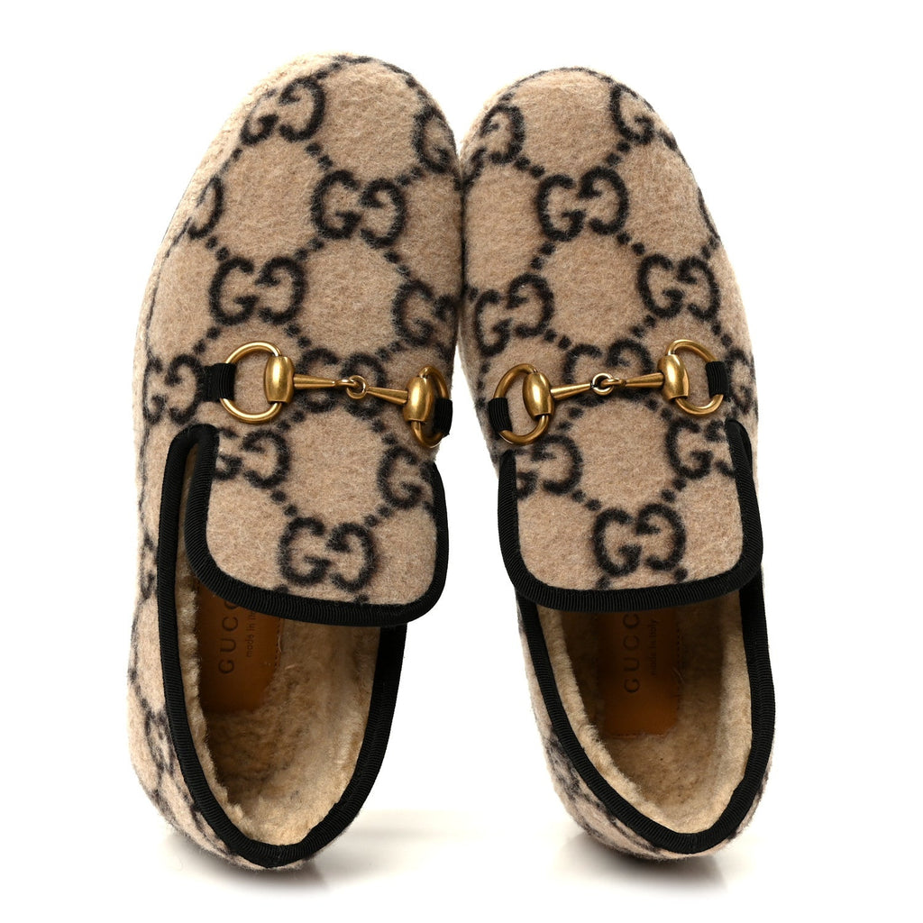 Covered Wool GG Monogram Womens Fria Horsebit Loafers 35.5 Beige Ebony Black Butterscotch