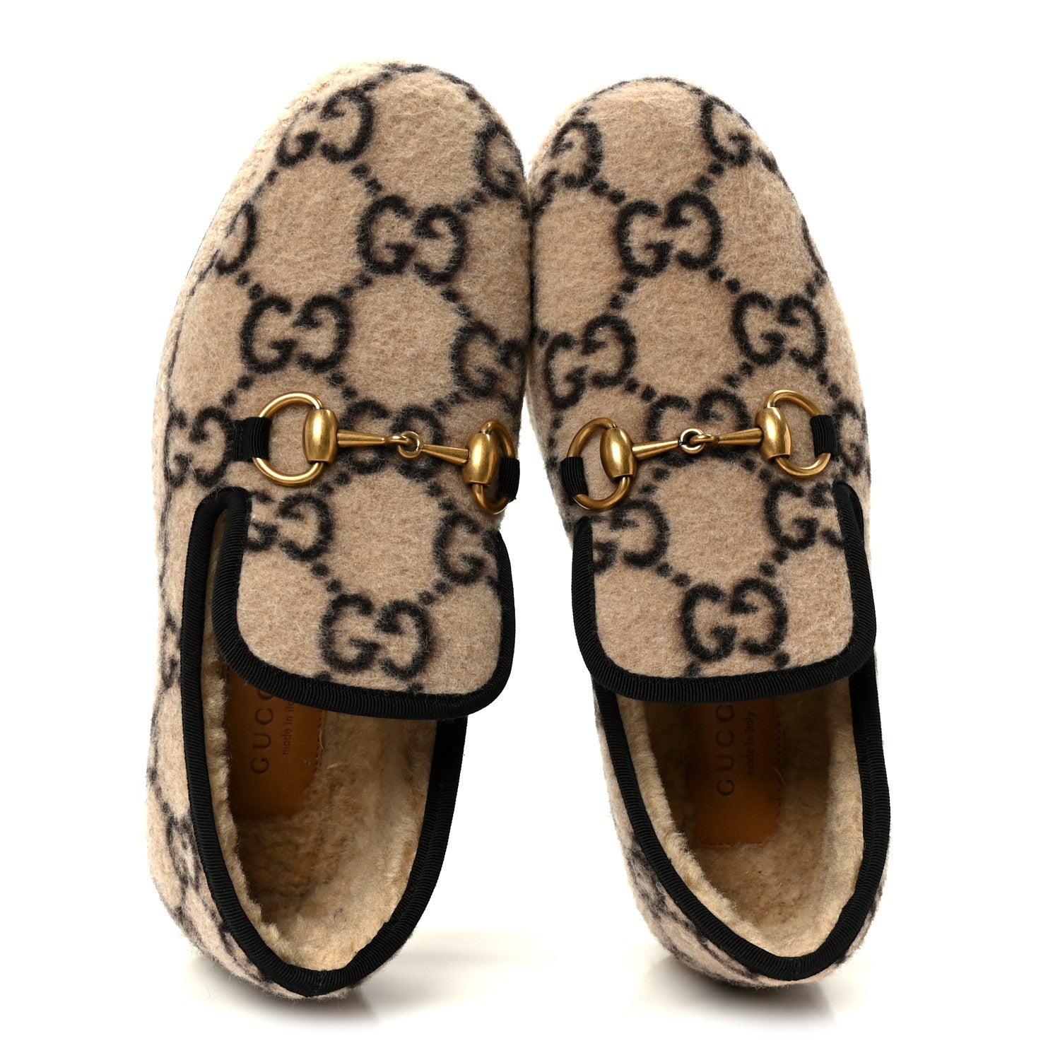 Covered Wool GG Monogram Womens Fria Horsebit Loafers 35.5 Beige Ebony Black Butterscotch