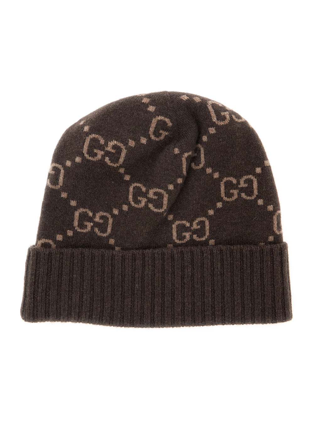 Gucci 811392 GG Jacquard Cashmere Beanie — Brown