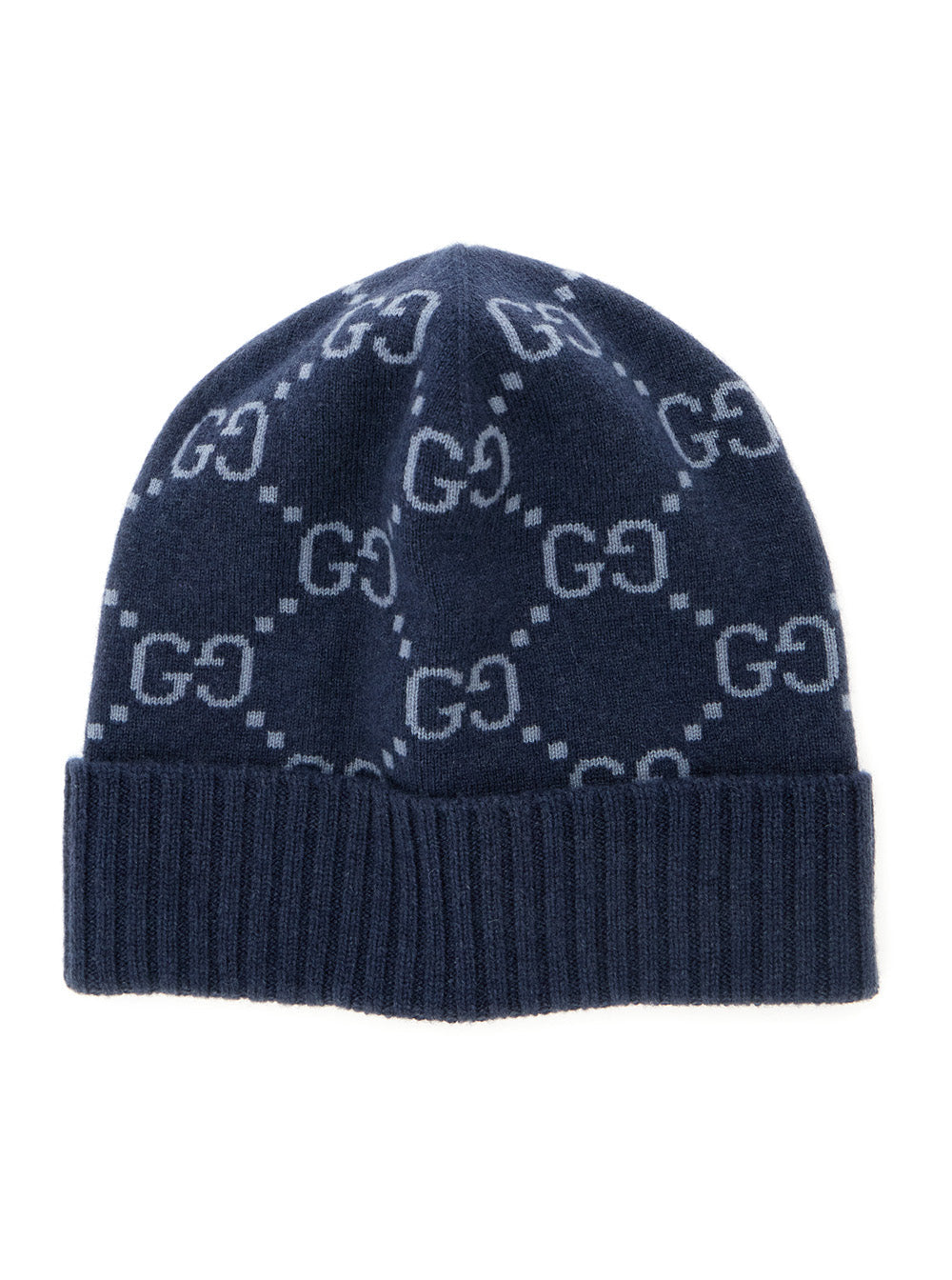 Gucci 811392 GG All-Over Cashmere Cuff Beanie — Blue