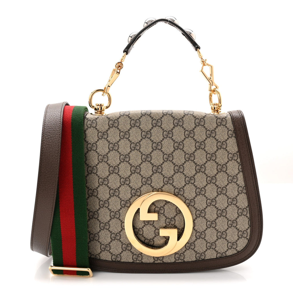GG Supreme Monogram Textured Dollar Calfskin Web Medium Blondie Top Handle Shoulder Flap Bag Beige Ebony New Acero