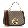 GG Supreme Monogram Textured Dollar Calfskin Web Medium Blondie Top Handle Shoulder Flap Bag Beige Ebony New Acero
