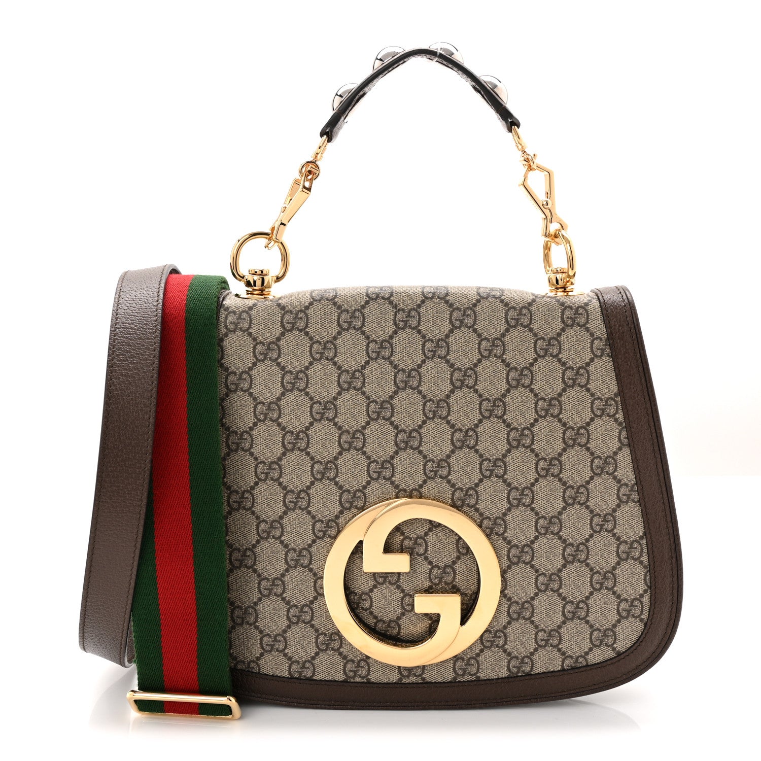 GG Supreme Monogram Textured Dollar Calfskin Web Medium Blondie Top Handle Shoulder Flap Bag Beige Ebony New Acero