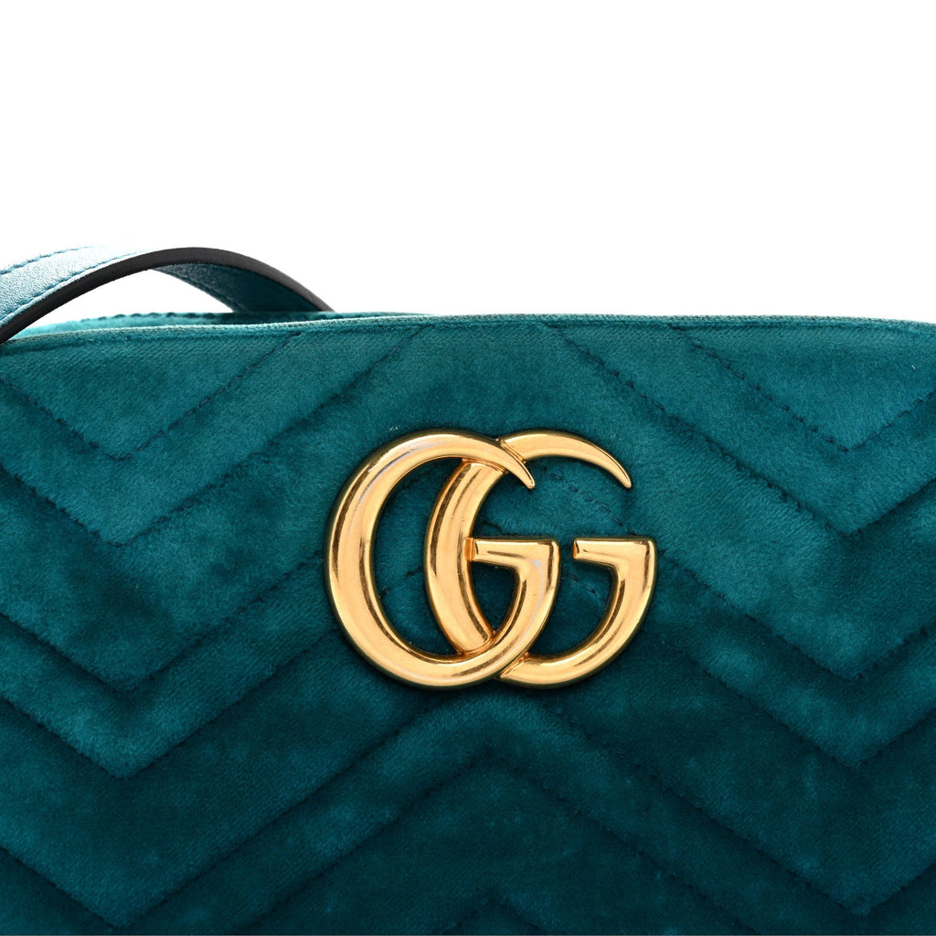 Velvet Matelasse Small GG Marmont Chain Shoulder Bag Pavone Cyan