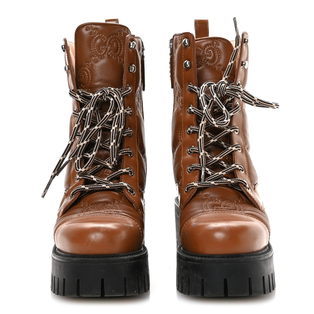 Cordovan Lux Nappa GG Matelasse Lace Up 60mm Combat Boots 36 Dark Hazel Brown