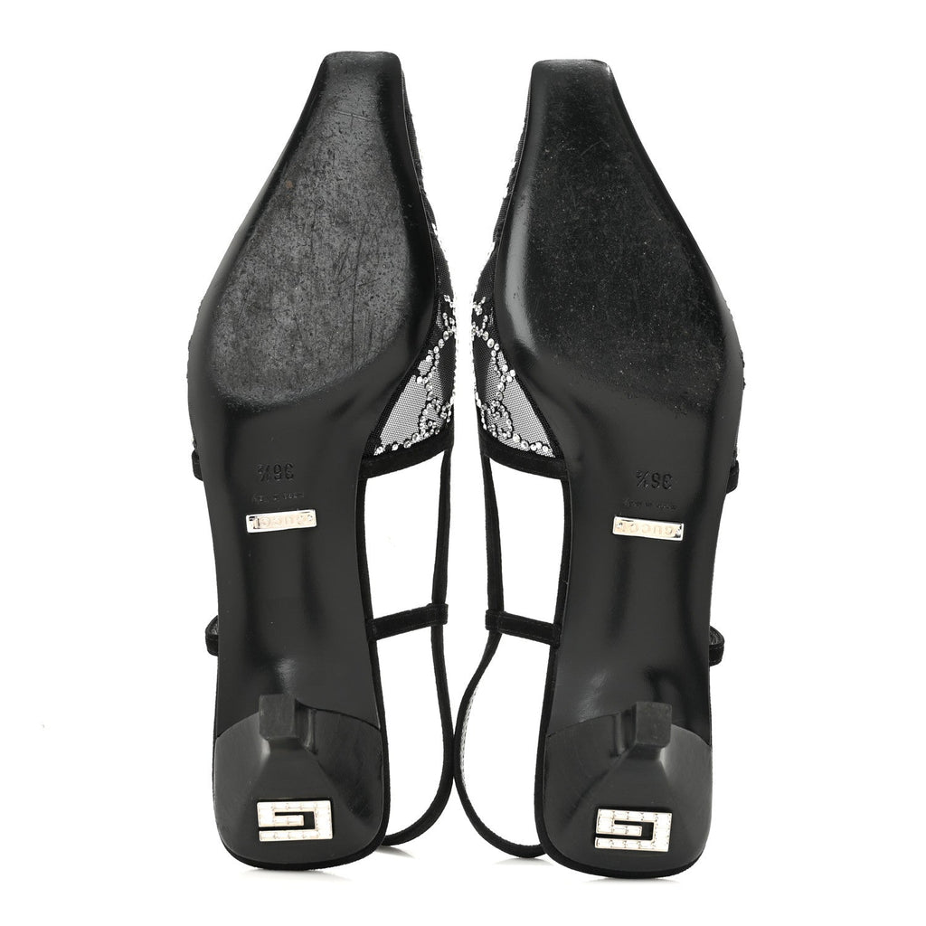 Suede Mesh Crystal GG Monogram Slingback Pumps 36.5 Black