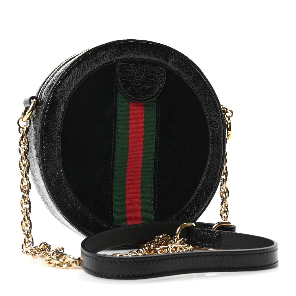 Suede Patent Web Mini Ophidia Round Shoulder Bag Black
