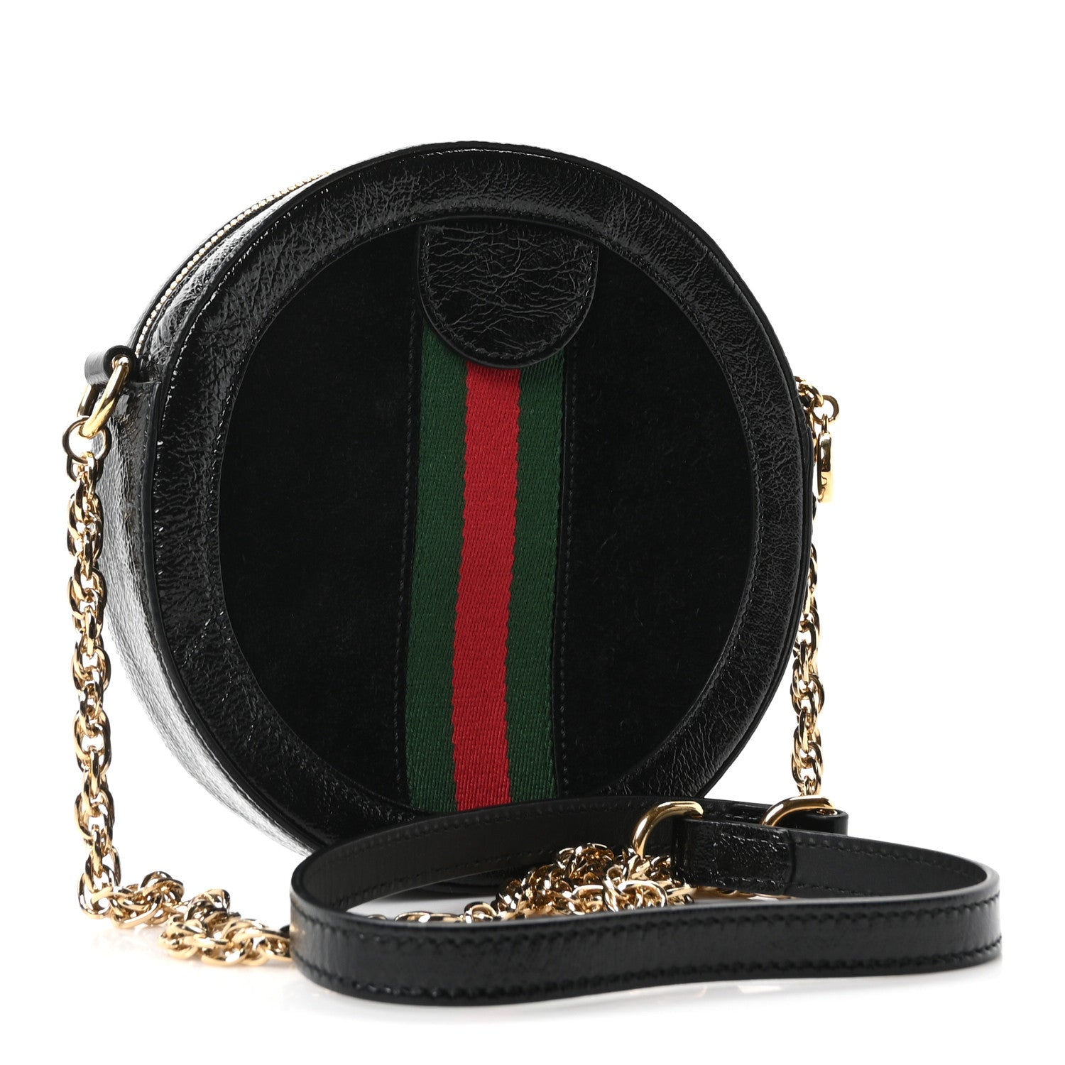 Suede Patent Web Mini Ophidia Round Shoulder Bag Black