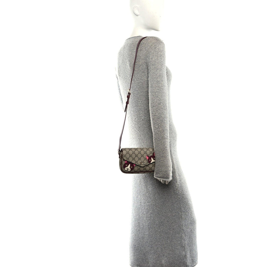 GG Supreme Monogram Cat Print Mini Shoulder Bag Beige Ebony Rosso Ancora