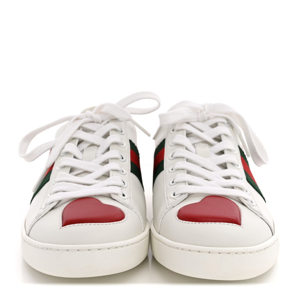 Calfskin Web Heart Embroidered Womens Ace Sneakers 36 White
