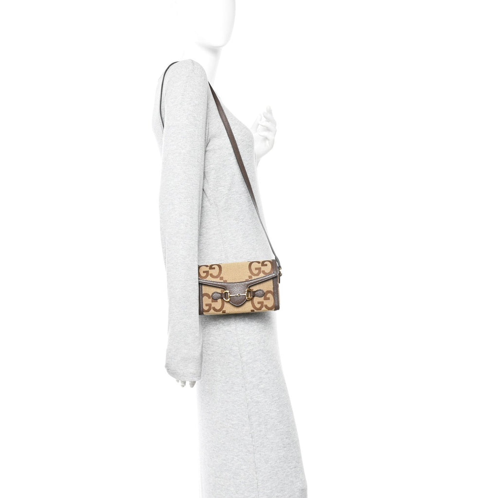 Monogram Jumbo GG Textured Dollar Calfskin Mini Horsebit 1955 Shoulder Bag Camel Ebony New Acero