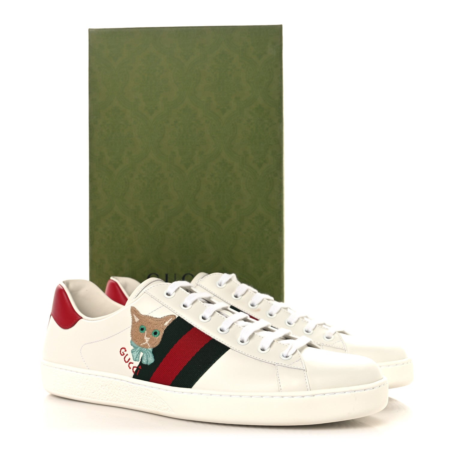 Calfskin Cat Embroidered Mens Ace Sneakers 12 White Green