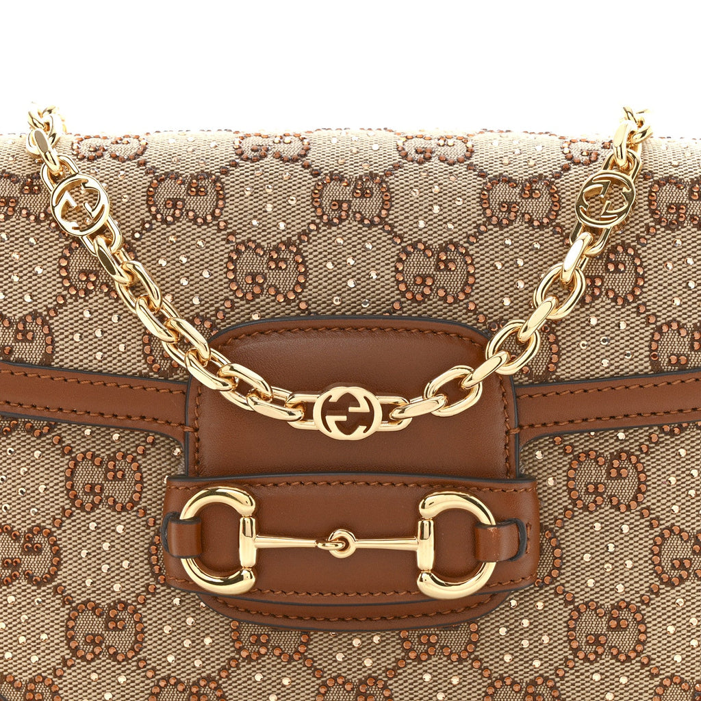 New Canvas Charisma Calfskin Crystal GG Monogram Mini Horsebit 1955 Shoulder Bag Camel Ebony
