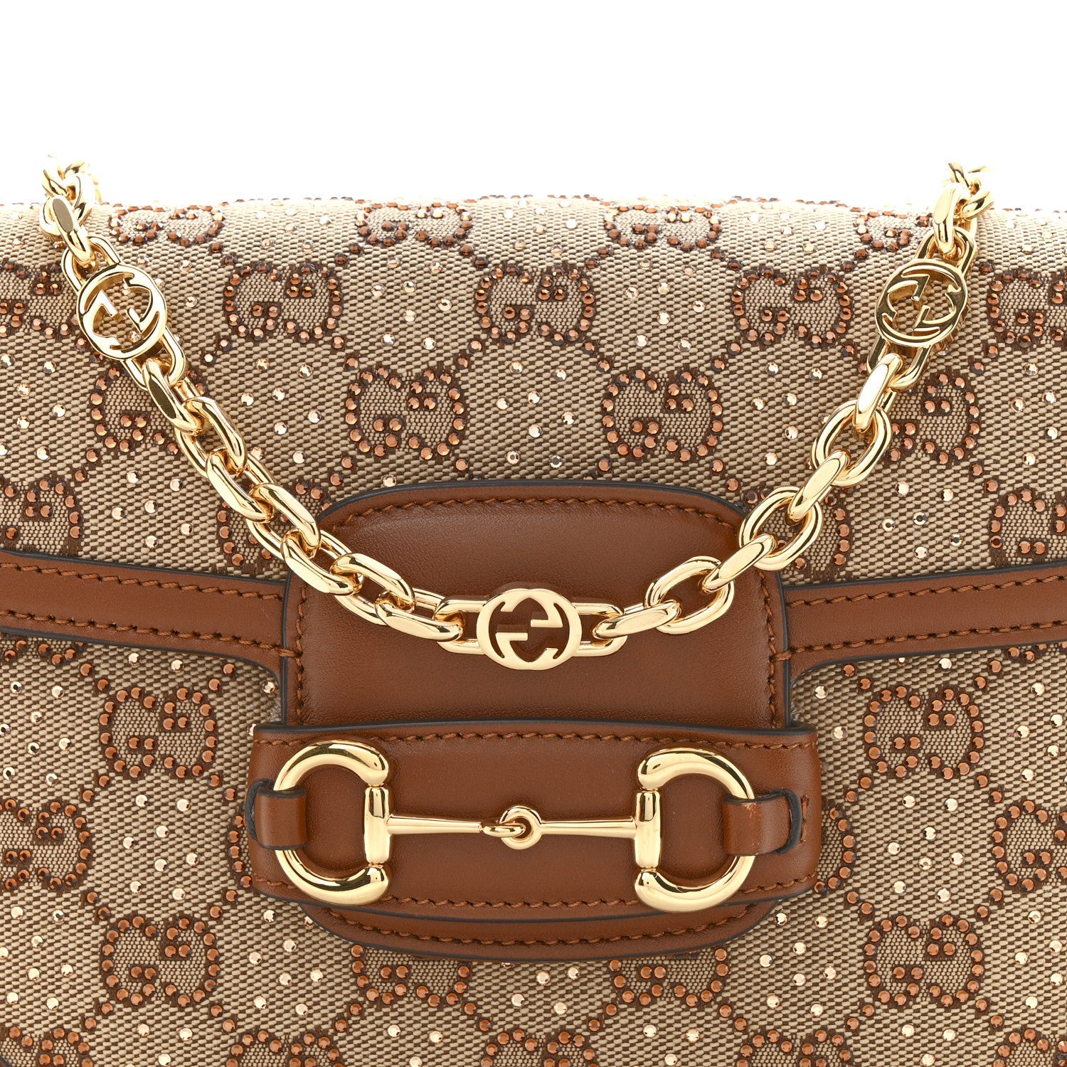 New Canvas Charisma Calfskin Crystal GG Monogram Mini Horsebit 1955 Shoulder Bag Camel Ebony